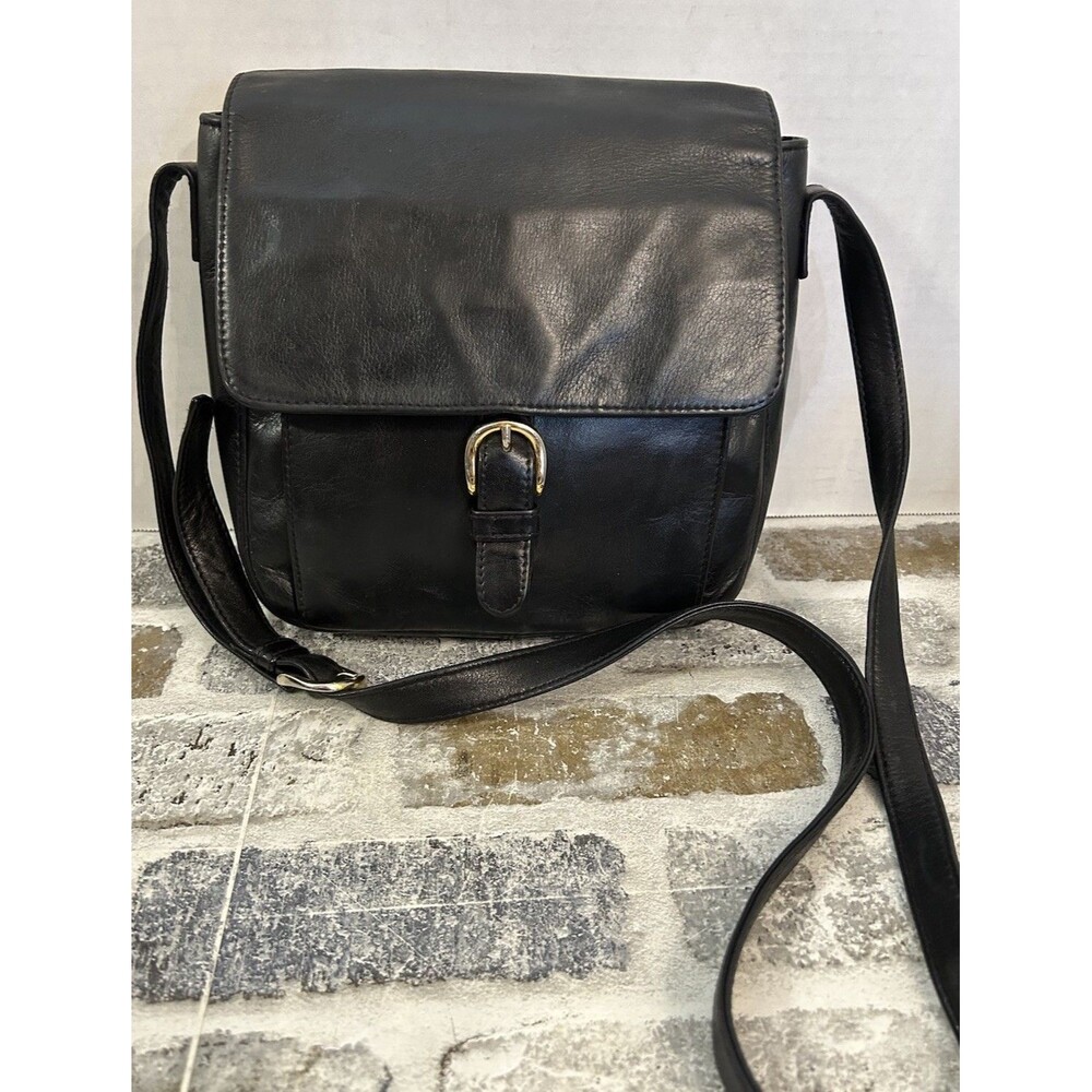 Vintage Talbots Black Leather Crossbody Purse Messenger Bag Flip Top Pockets